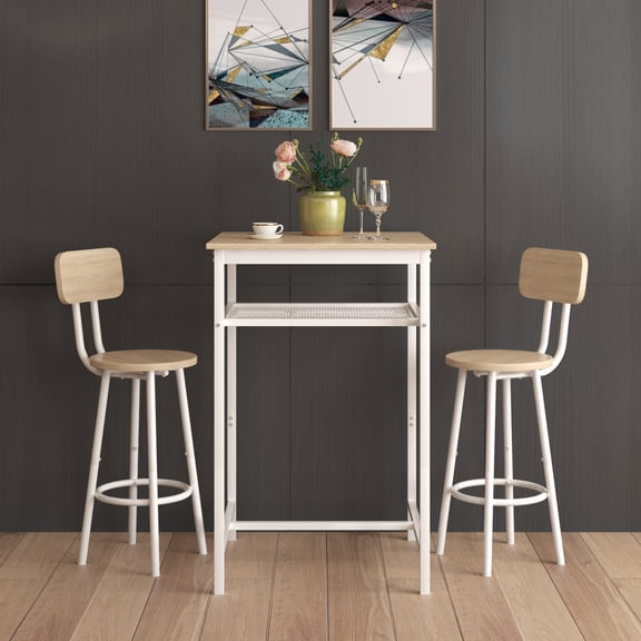Beige Bar Table with 2 Backrest Stools, Partition Design for Home Pub, Kitchen Breakfast Nook, Small Space Use