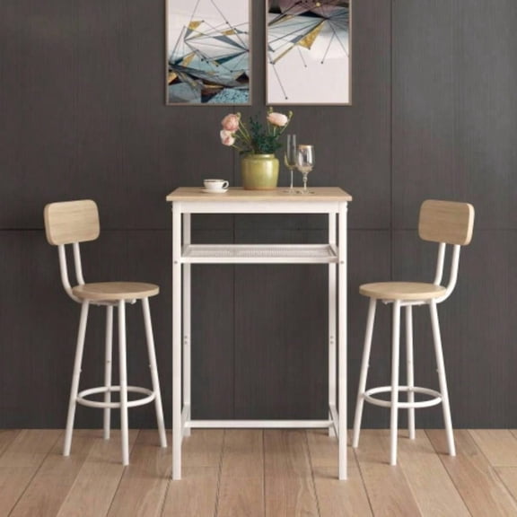Beige Bar Table with 2 Backrest Stools, Partition Design for Home Pub, Kitchen Breakfast Nook, Small Space Use