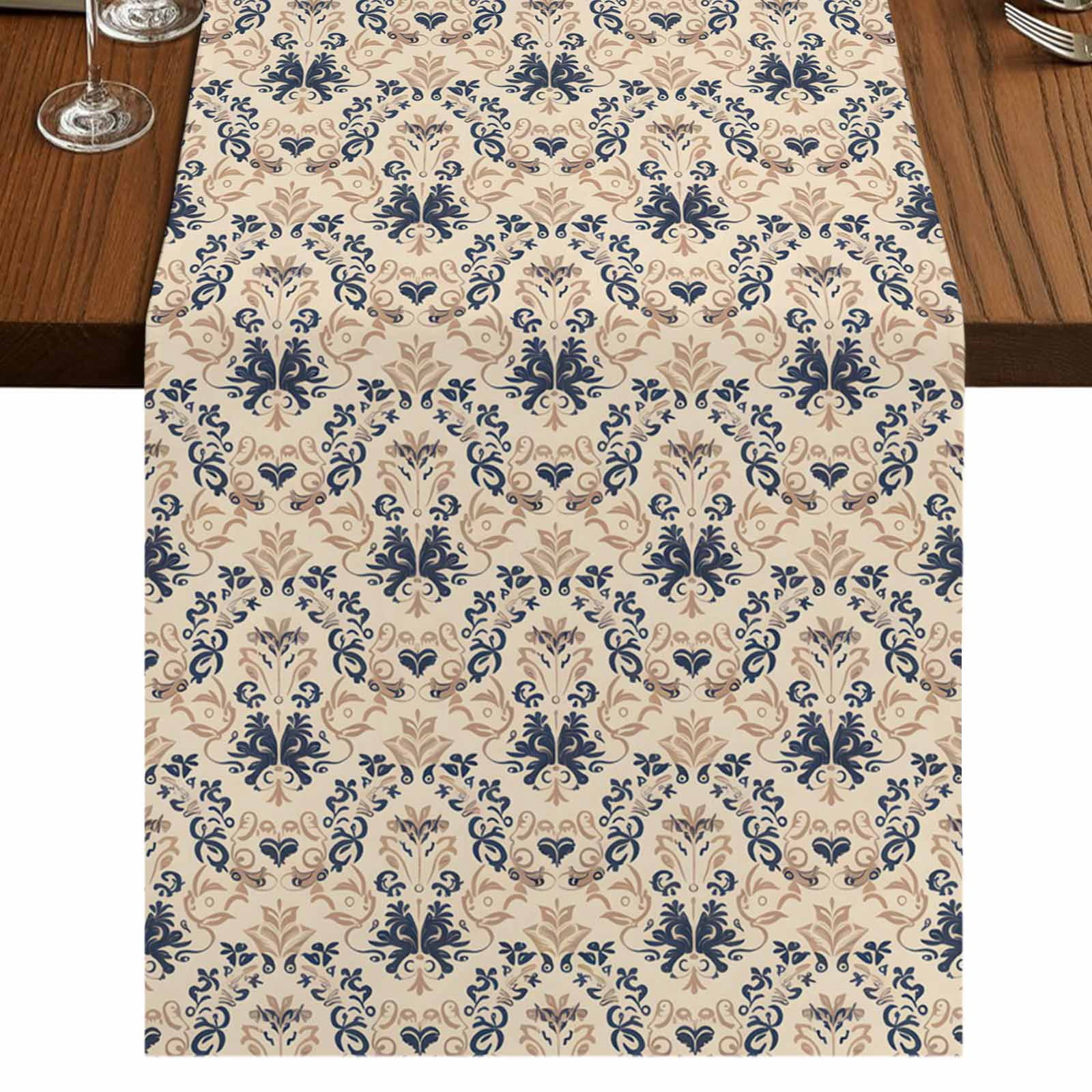 Beige Baroque 48 Inch Table Runner, Vintage European Floral Pattern ...