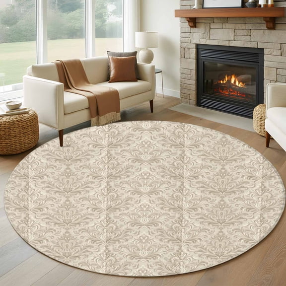 Beige Baroque 6ft Round Rugs, Farmhouse Scroll Floral Pattern Art Washable Non-Slip Area Rugs for Living Room Bedroom Kitchen, Soft Low Pile Dining Room Kicthen Circle Carpet, Indoor Floor Rug