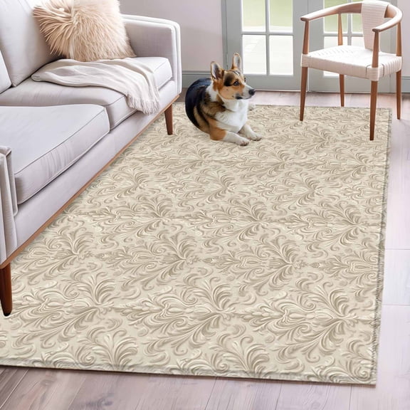 Beige Baroque Area Rug 3x5 FT, Non Slip Entryway Bedside Carpet, Farmhouse Scroll Floral Pattern Art Washable Soft Floor Carpet Indoor Mat Non-Shedding Throw Rug for Dorm Kitchen Home Office
