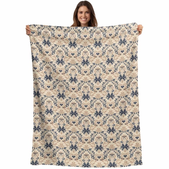 Beige Baroque Blanket Soft Cozy Warm Throw Blanket for Couch, Plush Fuzzy Flannel Fleece Blankets for Sofa, Vintage European Floral Pattern Bed Blankets Lightweight Gifts for Women, 40"x50"