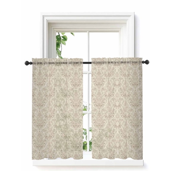Beige Baroque Curtains 45 Inch Length, Sheer Curtains for Bedroom Living Room Window Farmhouse Scroll Floral Pattern Art Rod Pocket Voile Drapes Kitchen Curtains Small Half Window 42"x45" 2 Panels