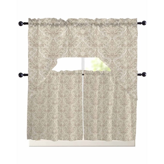Beige Baroque Kitchen Curtain and Valance Set 3 Pieces, Rod Pocket Short Tier Curtains 36 Inch Length, Farmhouse Scroll Floral Pattern Art Swag Topper Small Window Treatment for Cafe Bathroom Bedroom