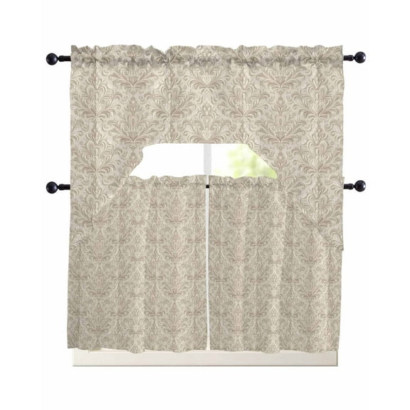 Beige Baroque Kitchen Curtains Swag Valance and Tier Curtains Set 36 Inch Length, Farmhouse Scroll Floral Pattern Art Rod Pocket Drape Panels Pair Swag Curtain for Bathroom/Cafe/Window