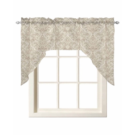 Beige Baroque Kitchen Swag Valance for Window, Rod Pocket Short Kitchen Curtains 36 Inch Length, Farmhouse Scroll Floral Pattern Art Swag Topper Small Window Treatment for Cafe Bathroom Bedroom
