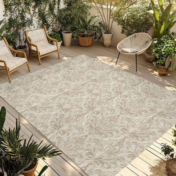 Beige Baroque Outdoor Rug 6x9 Ft - Reversible Patio Rug Outdoor Camping Rugs, Farmhouse Scroll Floral Pattern Art Washable Indoor Outdoor Area Rugs, Non-Slip Outdoor Carpet Runner for Deck/Porch