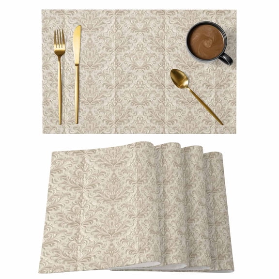 Beige Baroque Placemats Set of 2, Cotton Linen Fabric Place Mats, Farmhouse Scroll Floral Pattern Art Washable Decorative Table Mats Protector for Home Kitchen Dining Wedding Party Coffee Tables