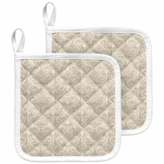 Beige Baroque Pot Holders for Kitchen Heatproof Potholder, 2 Pack Farmhouse Scroll Floral Pattern Art Hot Pads Multipurpose Oven Pads Cloth Potholders Trivet for Cooking and Baking