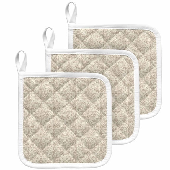 Beige Baroque Pot Holders for Kitchen Heatproof Potholder, 3 Pack Farmhouse Scroll Floral Pattern Art Hot Pads Multipurpose Oven Pads Cloth Potholders Trivet for Cooking Baking