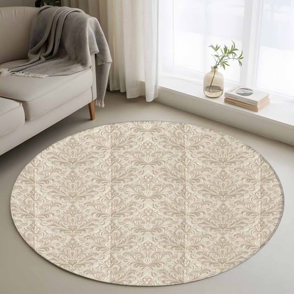 Beige Baroque Round Area Rug 3.3 FT, Non Slip Small Entryway Kitchen Mat, Farmhouse Scroll Floral Pattern Art Washable Soft Circular Rug Non-Shedding Door Mat for Bathroom Playroom Kids Room