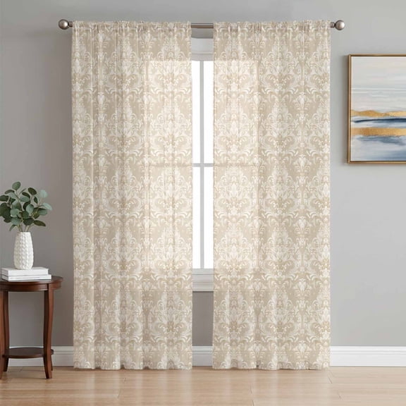Beige Baroque Sheer Curtains 63 Inch Length 2 Panels Set, Retro Farmhouse Abstract Scroll Floral Voile Window Treatment Rod Pocket Curtains Sheers Drapes for Bedroom/Living Room/Kitchen 52x"63"x2