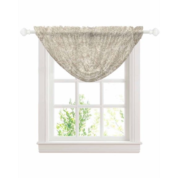 Beige Baroque Sheer Waterfall Valance Curtains for Window, Farmhouse Scroll Floral Pattern Art Rod Pocket Sheer Topper Swag Curtains for Living Room, Kitchen 38.5"W x 47.2"L, 1 Panel