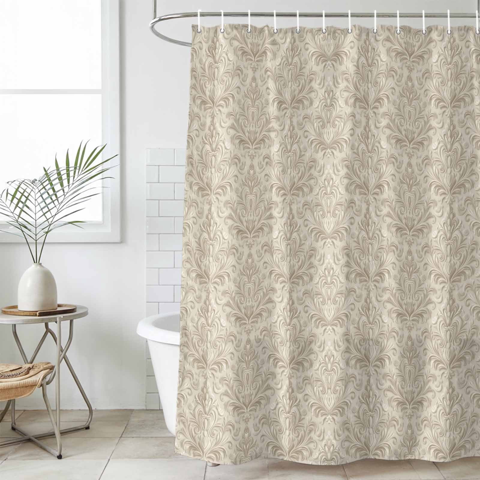 Beige Baroque Shower Curtain Set, Waterproof Shower Curtains for Bathroom, Farmhouse Scroll Floral Pattern Art Washable Fabric Cloth Bath Curtain for Bathtub Decoration with Hooks 72x78 Inches