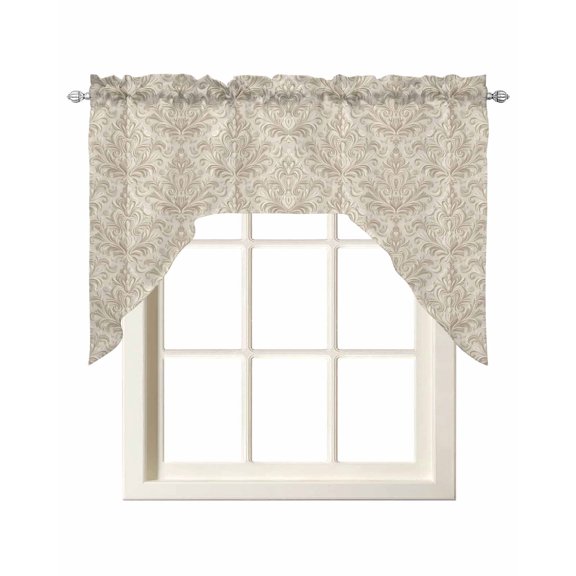 Beige Baroque Swag Valances for Windows, Small Curtains Drapes, Farmhouse Scroll Floral Pattern Art Kitchen Window Curtains Over Sink Rod Pocket Window Treatment Valance for Bedroom/Bathroom 56"x36"