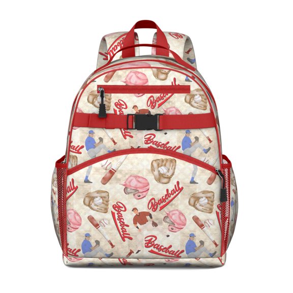 Beige Baseball Elements Pattern Backpack for School,Cute School Bag,Schoolbag with Adjustable Shoulder Straps & Padded Back,15.25"x11.5"x5.25"