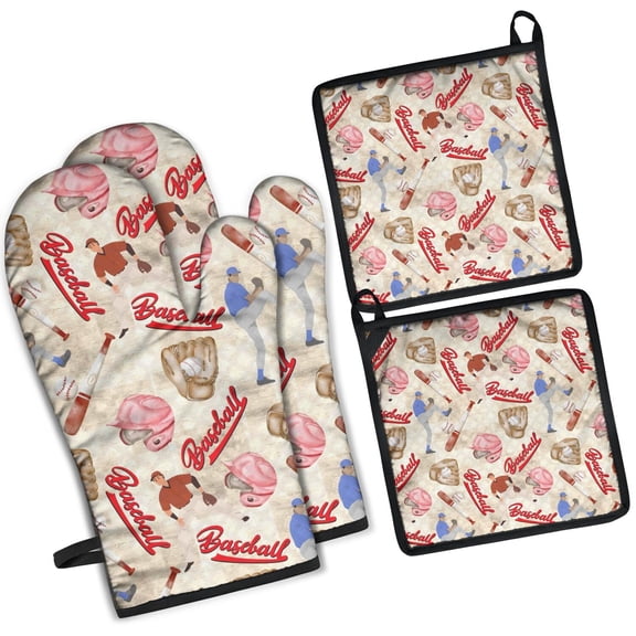 Beige Baseball Elements Pattern Kitchen Oven Mitt and Pot Holder Sets 2 Pcs for Baking, Cooking and Grilling, Heat Resistant Up To 392 °F