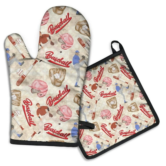 Beige Baseball Elements Pattern Kitchen Oven Mitt and Pot Holder Sets 4 Pcs for Baking, Cooking and Grilling, Heat Resistant Up To 392 °F