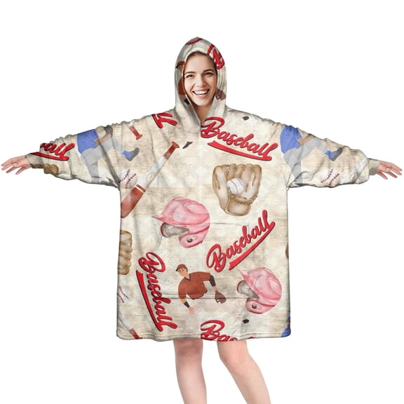 Beige Baseball Elements Pattern Wearable Oversized Blanket,Wearable Blanket Hoodie for Adults,Cozy Hooded Blankets with Super Pockets,Super Warm Fuzzy Pullover for Women & Men