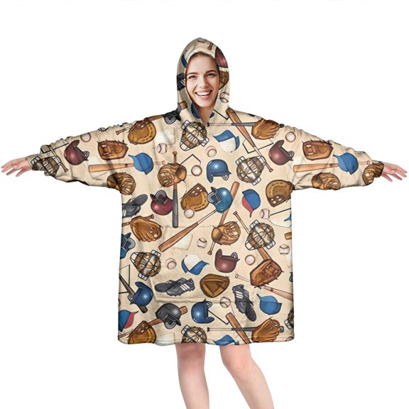 Beige Baseball Gear Pattern Wearable Oversized Blanket,Wearable Blanket Hoodie for Adults,Cozy Hooded Blankets with Super Pockets,Super Warm Fuzzy Pullover for Women & Men