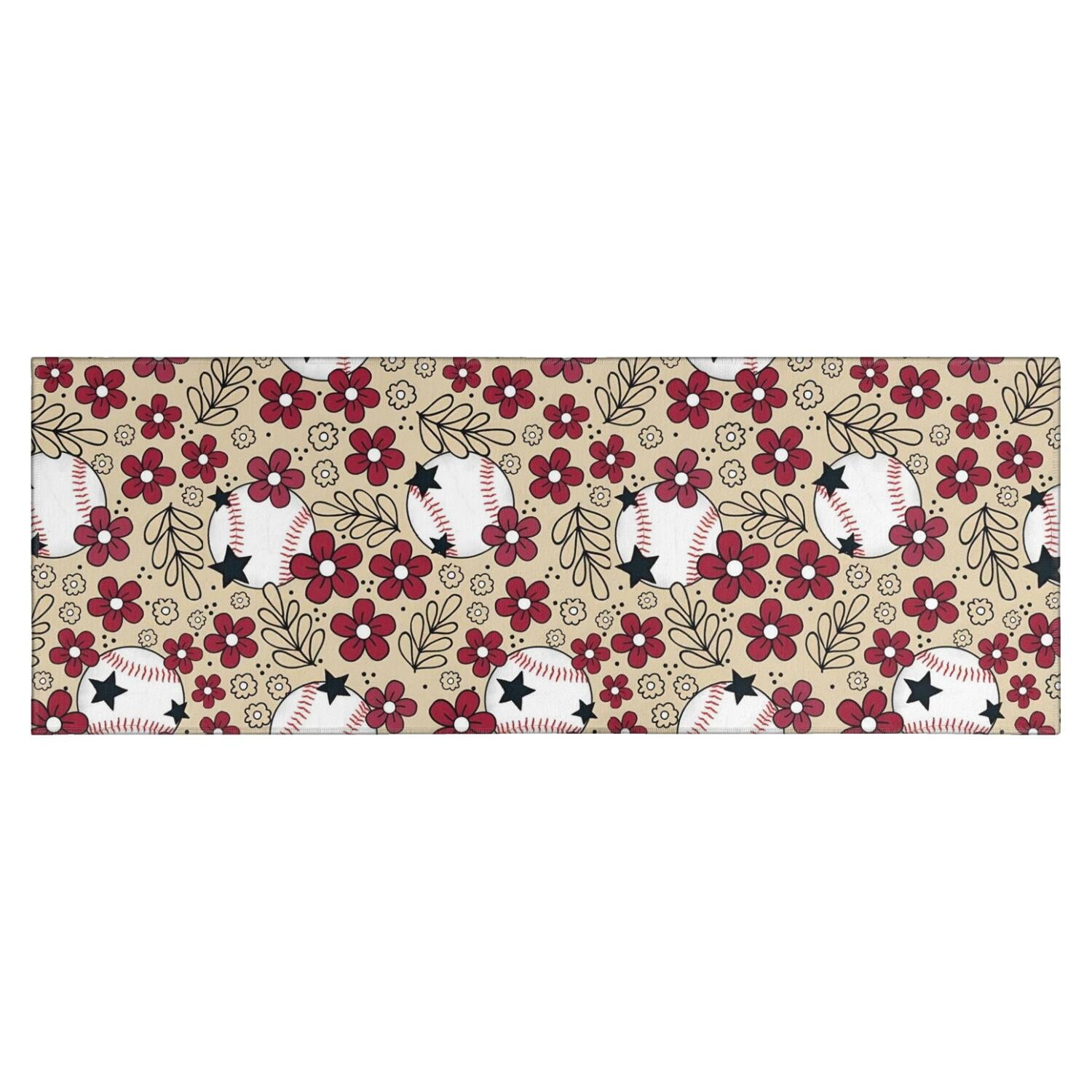 Beige Baseballs with Flowers Pattern Kitchen Rug Mat,Kitchen Runner ...