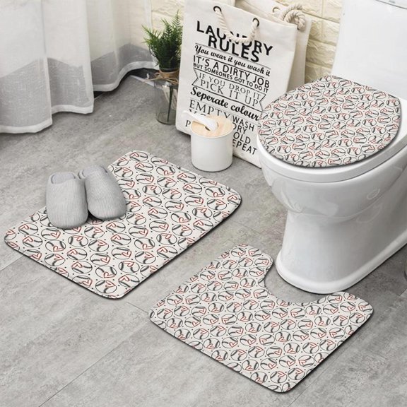 Beige Baseballs with Hearts Pattern Bathroom Rugs Sets 3 Piece,Toilet Cover Set,Absorbent Non Slip Bathroom Mats Sets with U-Shaped Contour Rug Toilet Rug Set