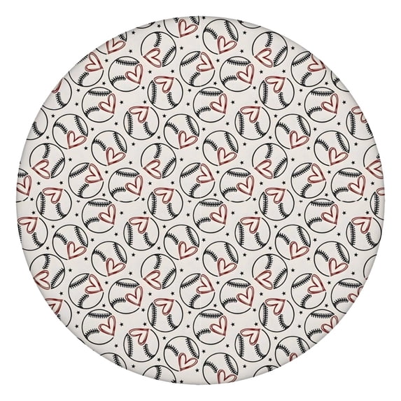 Beige Baseballs with Hearts Pattern Round Fitted Tablecloth with Elastic Edge,Dining Table Cover Waterproof,Outdoor Round Tablecloth for Camping,Dining,Indoor and Outdoor
