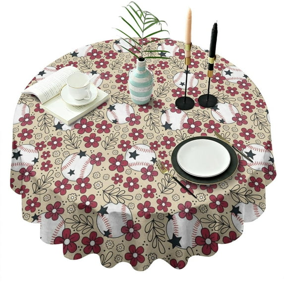 Beige Baseballs with Flowers Pattern Round Tablecloth 60"x60",Wrinkle Wipeable Table Cloth for Kitchen Dining Room Picnic Patio Party