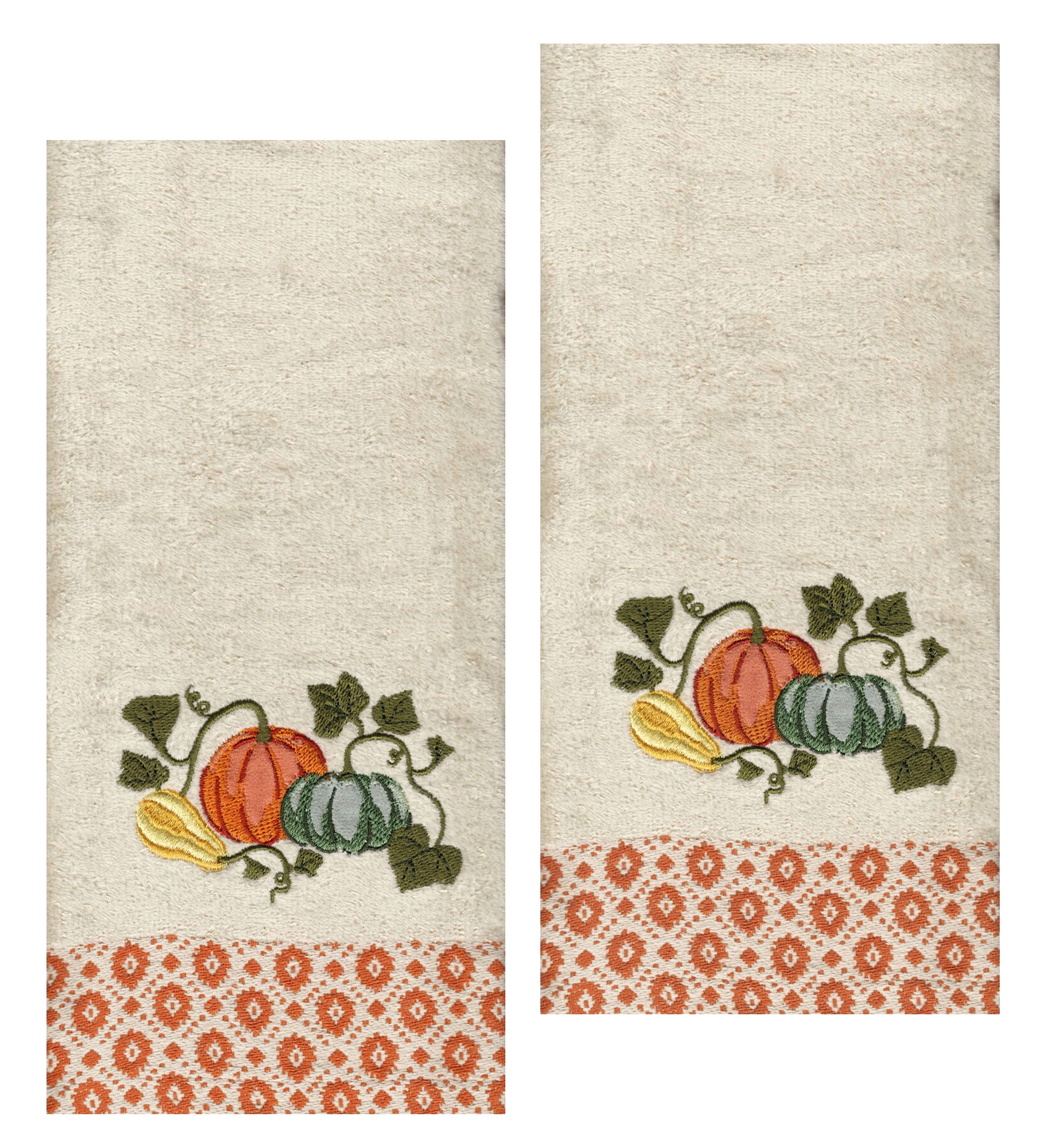 Beige Bath Hand Towels, 2 Piece, Fall Pumpkins Vines Celebrate Together