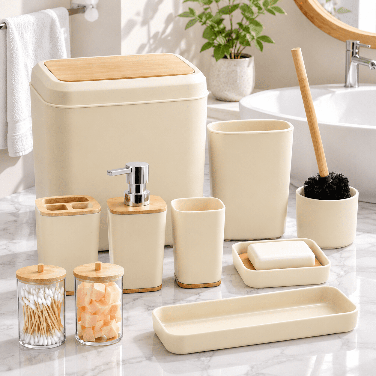 Beige Bath Set 9-Piece Bathroom Accessories with Trash Can, Toothbrush ...
