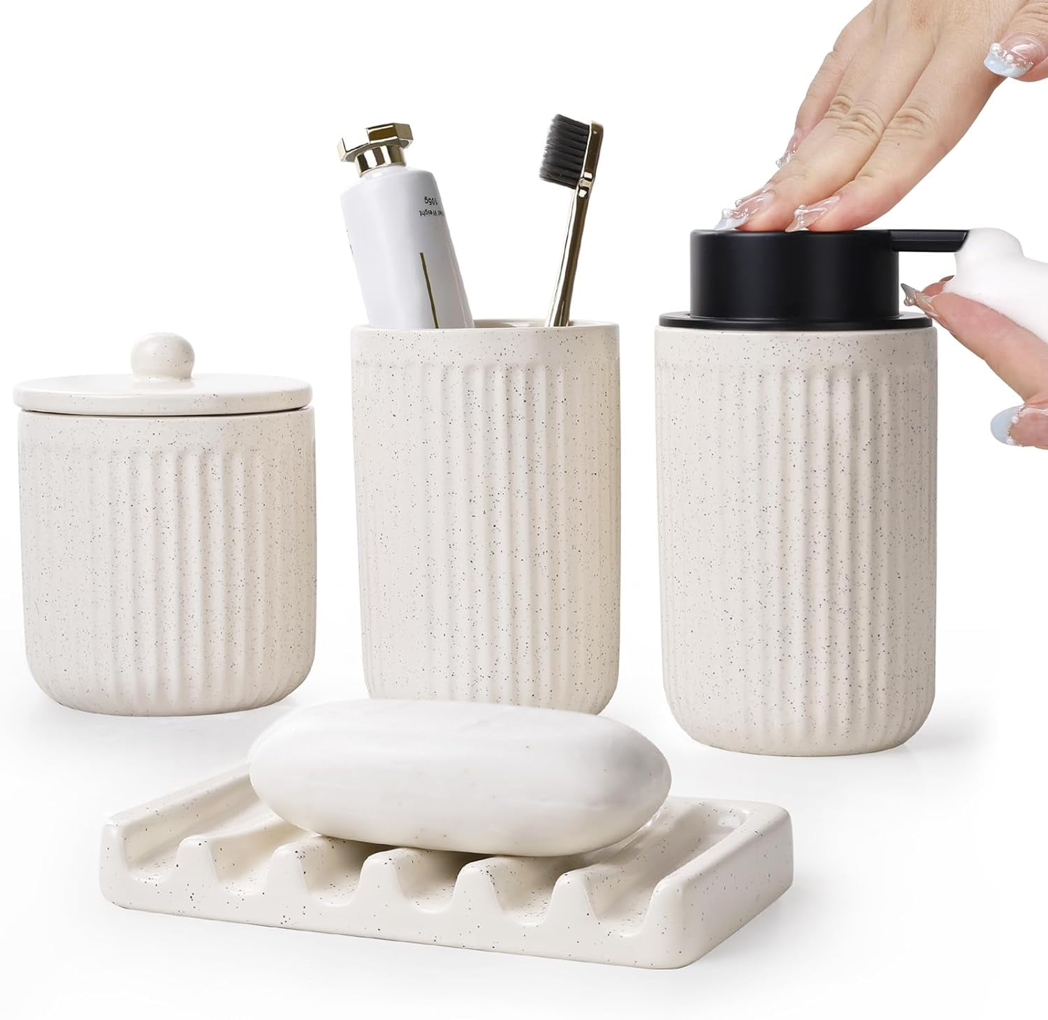 Beige Bathroom Accessories Set - Ceramic Bathroom Counter Soap Set Bathroom Decor Sets ...