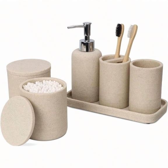 Beige Bathroom Accories Set 6 Pieces Toothbrush Holder Lotion Dispenser Qtip Container Vanity Tray Tumbler Countertop Organizer for Bathrooms Elegant and Functional Decor Set