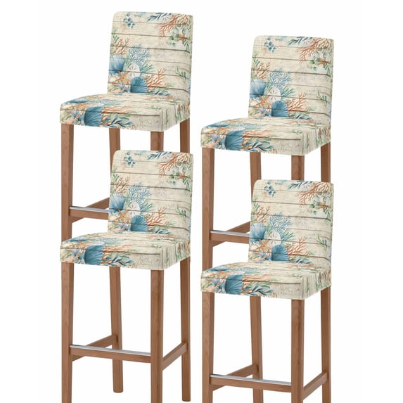 Beige Beach Coastal Bar Stool Covers Set of 4, Summer Nautical Coral Shell Botanical Vintage Stretch Bar Chair Covers with Backs, Removable Pub Counter Height Chair Cover for Kitchen Dining Room Cafe