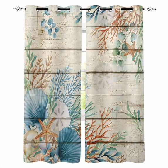 Beige Beach Coastal Blackout Curtains for Bedroom Living Room Darkening Curtains 54 Inch Long Summer Nautical Coral Shell Botanical Vintage Short Curtain for Small Window Treatment Drapes 52"x54"x2