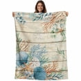 thumbnail image 1 of Beige Beach Coastal Blanket Soft Cozy Warm Throw Blanket for Couch, Plush Fuzzy Flannel Fleece Blankets for Sofa, Summer Nautical Coral Shell Botanical Vintage Bed Blankets Gifts for Men, 50"x60", 1 of 9