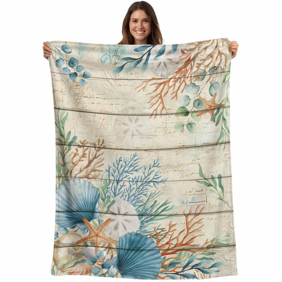 Beige Beach Coastal Blanket Soft Cozy Warm Throw Blanket for Couch, Plush Fuzzy Flannel Fleece Blankets for Sofa, Summer Nautical Coral Shell Botanical Vintage Bed Blankets Gifts for Men, 50"x60"
