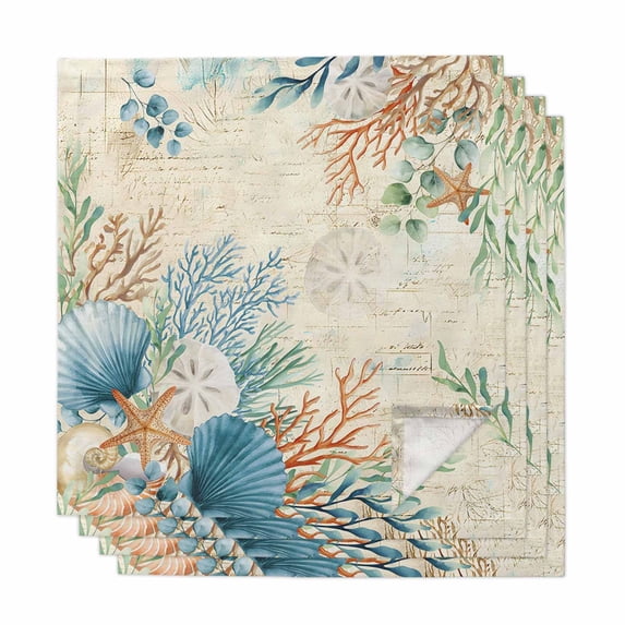 Beige Beach Coastal Cloth Napkins, Summer Nautical Coral Shell Botanical Washable and Reusable Dinner Napkins Set of 4, Table Napkin for Kitchen Party Birthday Wedding Hotel Housewarming 20"x20"