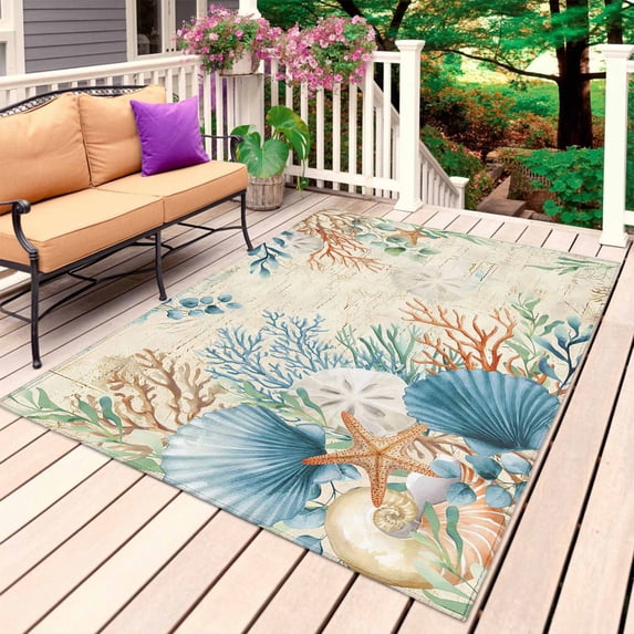 Beige Beach Coastal Outdoor Rug 3x5 Ft, Non Slip Washable Area Rug, Summer Nautical Coral Shell Botanical Patio Rugs Carpet Runner, Large Floor Mat for Indoor/Outdoor Deck Porch Camping