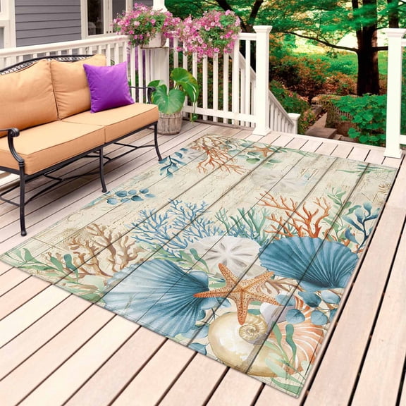 Beige Beach Coastal Outdoor Rug 5x7 Ft, Non Slip Washable Area Rug, Summer Nautical Coral Shell Botanical Vintage Patio Rugs Carpet Runner, Large Floor Mat for Indoor/Outdoor Deck Porch Camping