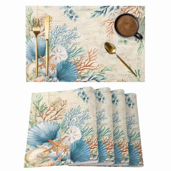 Beige Beach Coastal Placemats Set of 8 Summer Nautical Coral Shell Botanical Place Mats Indoor Wipeable Table Mats Washable Dining Table Placemats for Kitchen Holiday Party Home Decor 13x19 Inch