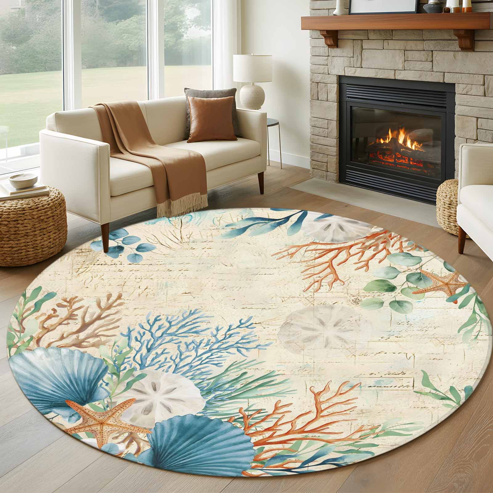 Beige Beach Coastal Round Area Rug 8Ft Washable Large Circle Rugs for ...