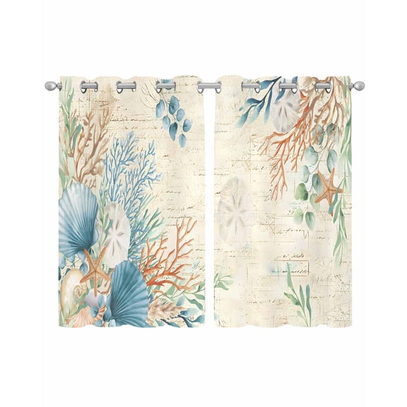 Beige Beach Coastal Sheer Curtains 39 Inch Length 2 Panels Set for Living Room/Bedroom, Summer Nautical Coral Shell Botanical Kitchen Curtains Grommet Curtains Window Treatments 27.5"x39"x2
