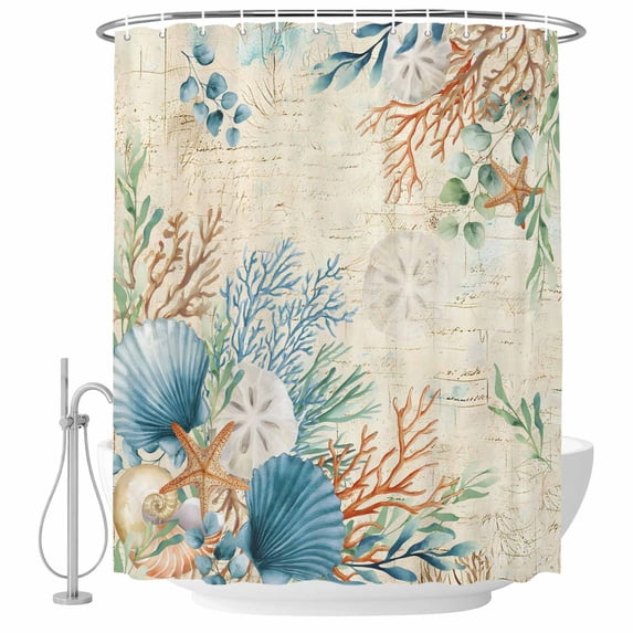 Beige Beach Coastal Shower Curtain, Waterproof Shower Curtains for Bathroom, Summer Nautical Coral Shell Botanical Washable Fabric Bathtub Curtain Set Bath Decor with 12 Hooks Stall 36"x72"