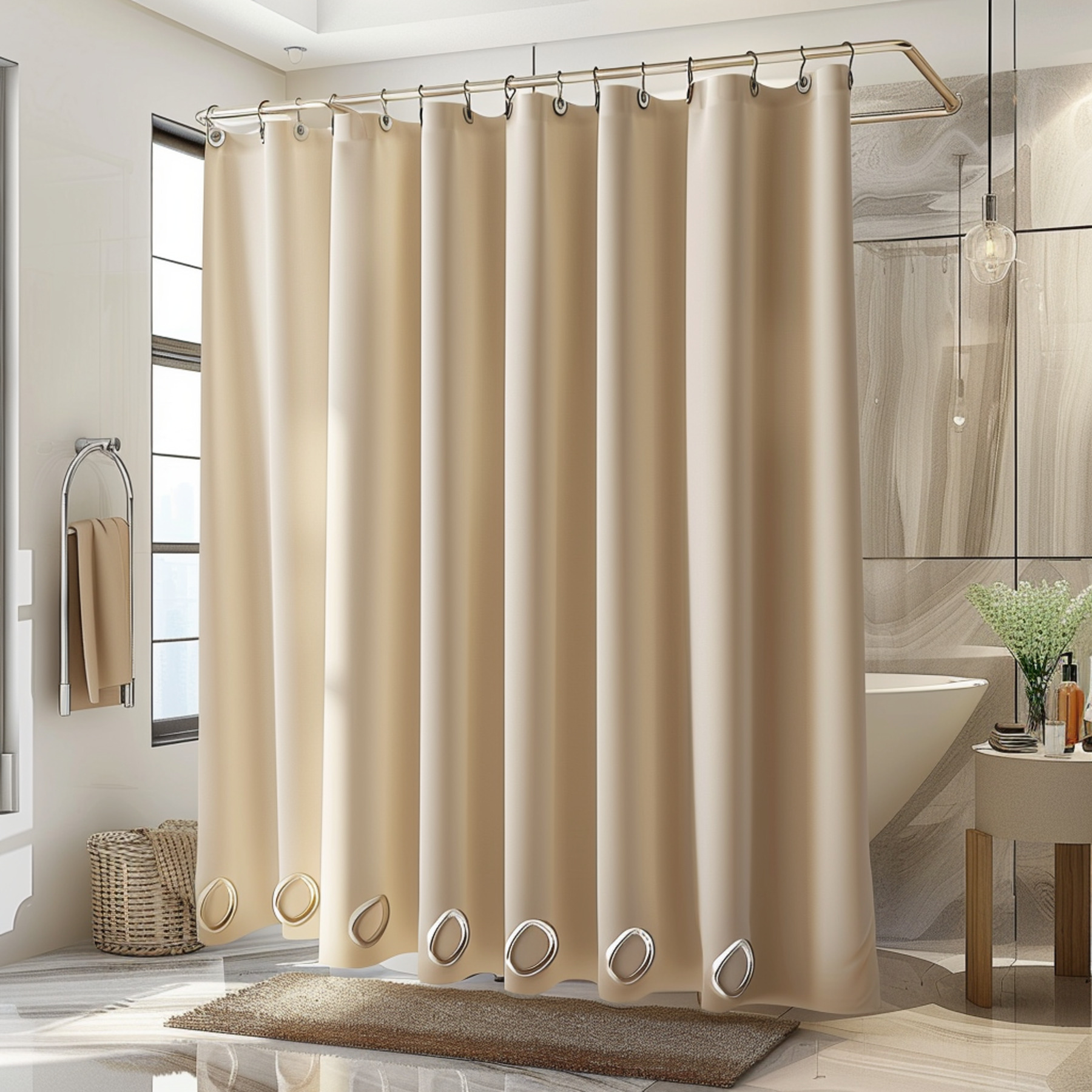 Beige Beadboard Bathroom Shower Curtain Elegant Design with Rings Luxury Touch Hyper Realistic