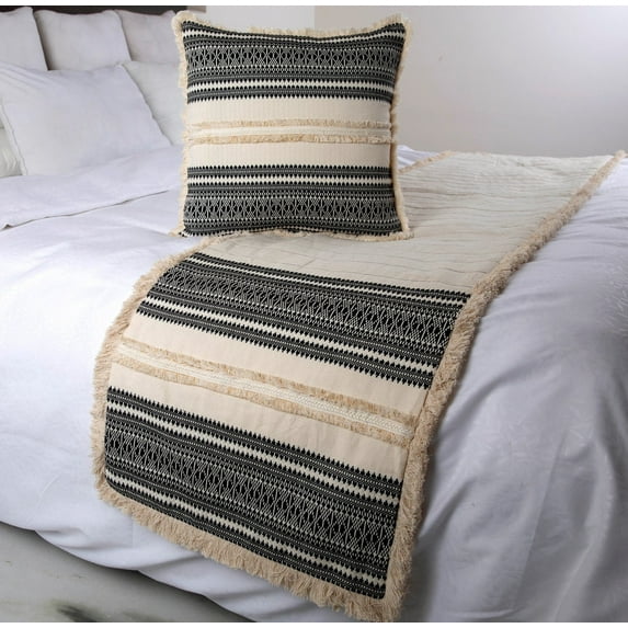 Beige Bed Runner, King Size 90"x18" Decorative Bed Runner With Matching Pillow Cover, Beige & Black Linen Bed Scarf in Quilted, Natural Linen with Lace - Moroccan Vibe