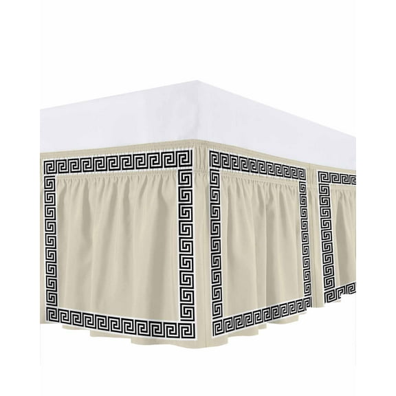 Beige Bed Skirt Queen Size 16" Drop Greek Chinese Style Border Geometric Ruffled Wrap Around Bed Skirts Adjustable Elastic Bedskirt Dust Ruffle for Queen Size Bed