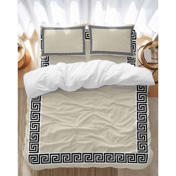 Beige Bedding Duvet Cover Set Full Size 4 Pieces Greek Chinese Style Border Geometric Bedding Set with Zipper Closure, 1 Comforter Cover 86x86 Inches 1 Flat Sheet & 2 Pillow Cases