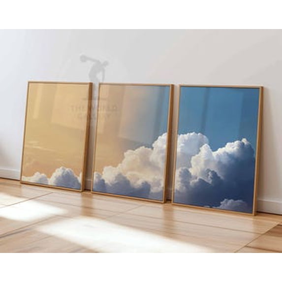 Beige Bedroom Clouds Wall Art Print Set, White Sky Vintage Home Decor ...