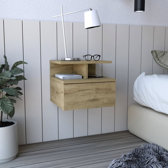 Beige Bedroom Nightstand With Spacious Drawer And User- Open Storage Shelves Shelf For Decor