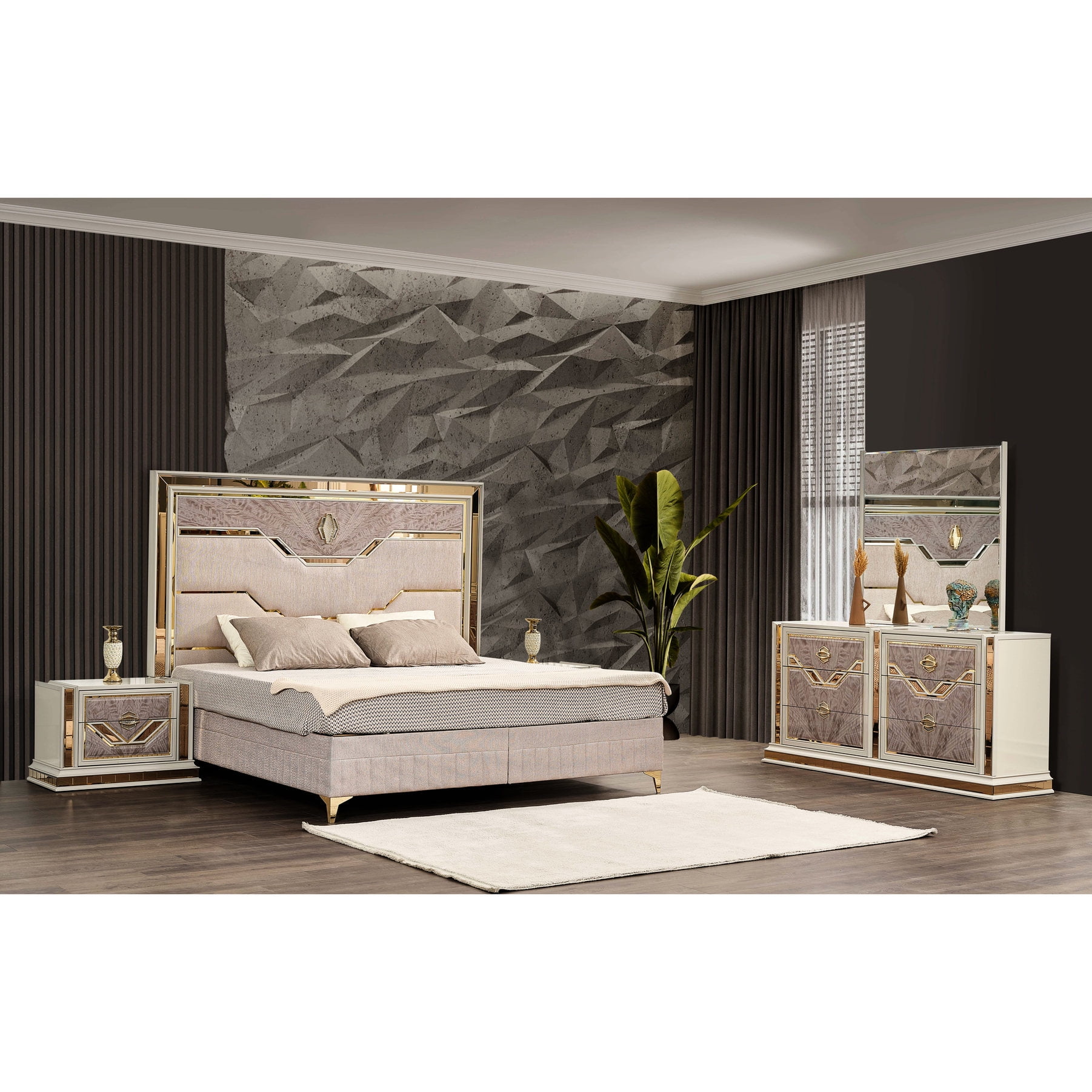 Beige Bedroom Set with Art Deco Inspirations and Soft-Closing Function ...